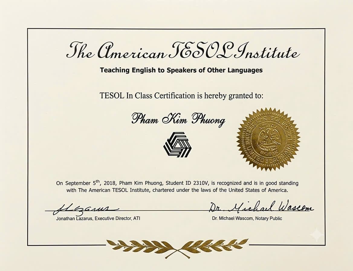 Chứng chỉ TESOL của Ms Phượng — The American TESOL Institute